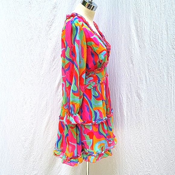 Ladies backless dress, v-neck, multicolor, sheer, lined, ruffle, boho,  M - Picture 12 of 14
